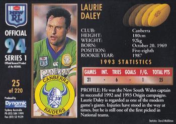 1994 Dynamic Rugby League Series 1 #25 Laurie Daley Back